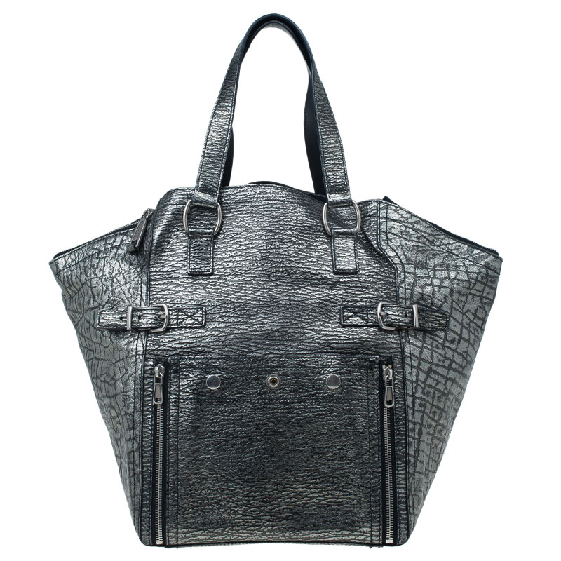 Pre Owned Saint Laurent Paris Metallic Grey Leather Croc Embossed Large Downtown Tote