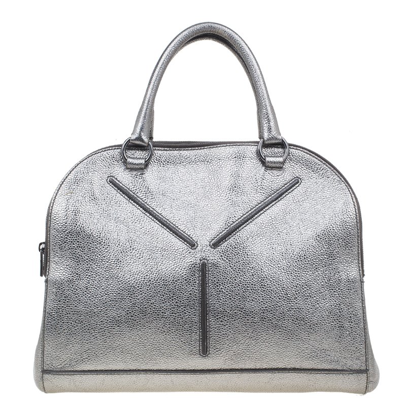 Pre Owned Saint Laurent Paris Metallic Silver Leather Sac 32 Tote