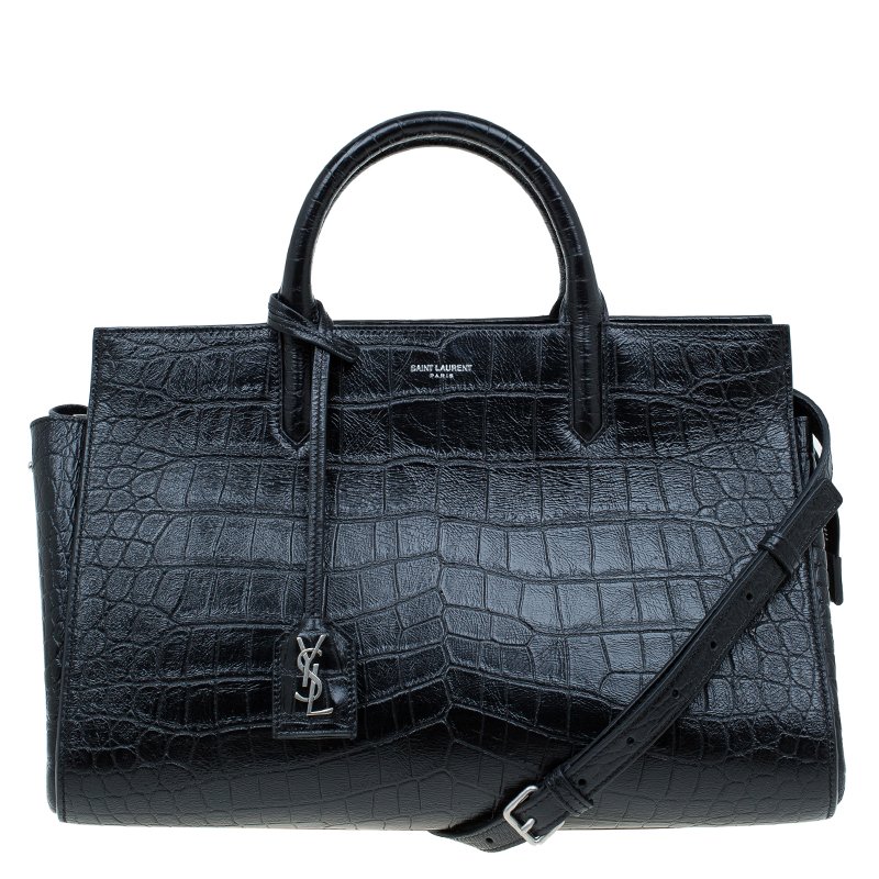 Saint Laurent Paris Black Croc Embossed Leather Small Sac De Jour Carryall Bag