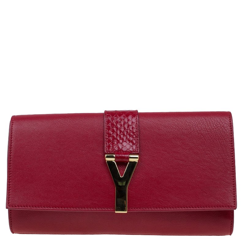 Pre Owned Saint Laurent Paris Red Leather and Python Large Chyc Clutch