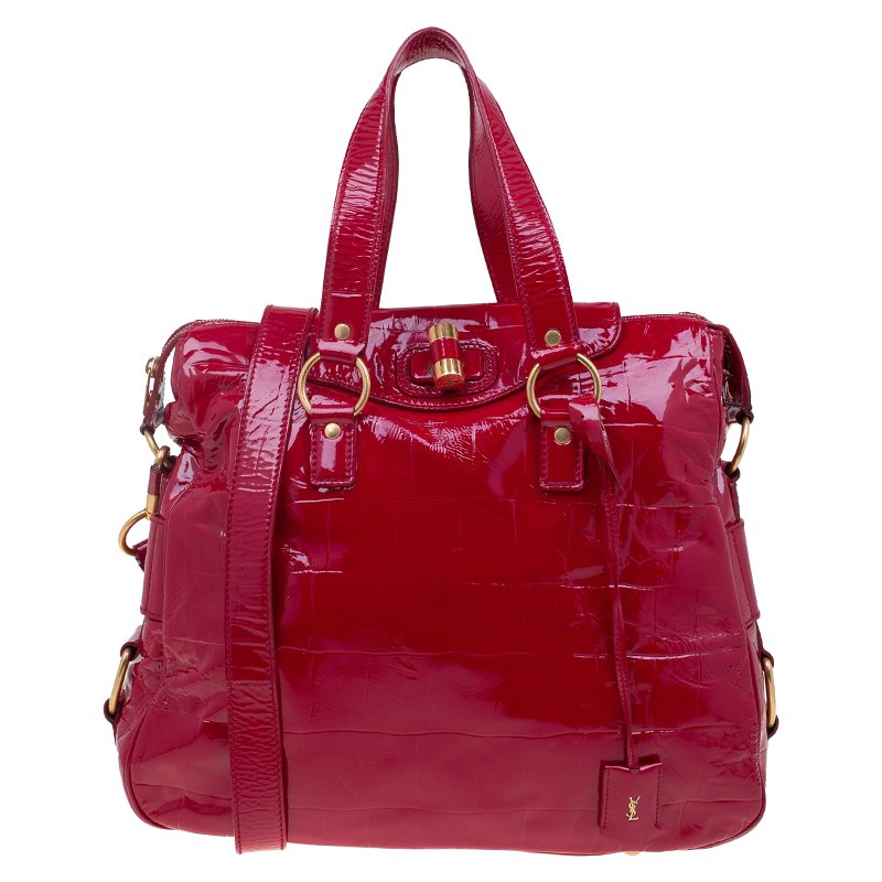 Pre Owned Saint Laurent Paris Red Patent Croc Embossed Rive Gauche Turn Lock Tote