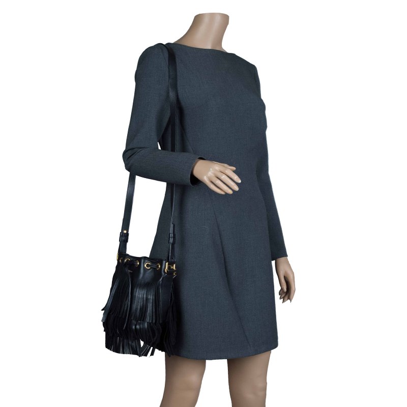 Pre Owned Saint Laurent Paris Black Leather Small Emmanuelle Fringed Bucket Bag