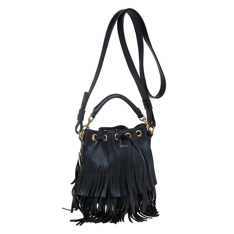 Pre Owned Saint Laurent Paris Black Leather Small Emmanuelle Fringed Bucket Bag