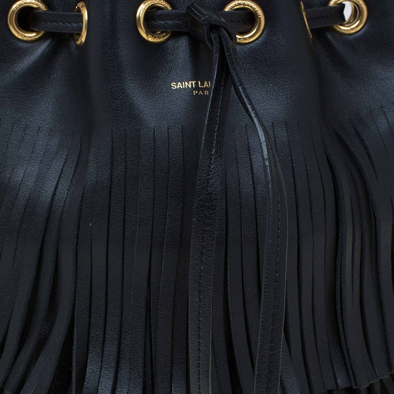 Pre Owned Saint Laurent Paris Black Leather Small Emmanuelle Fringed Bucket Bag