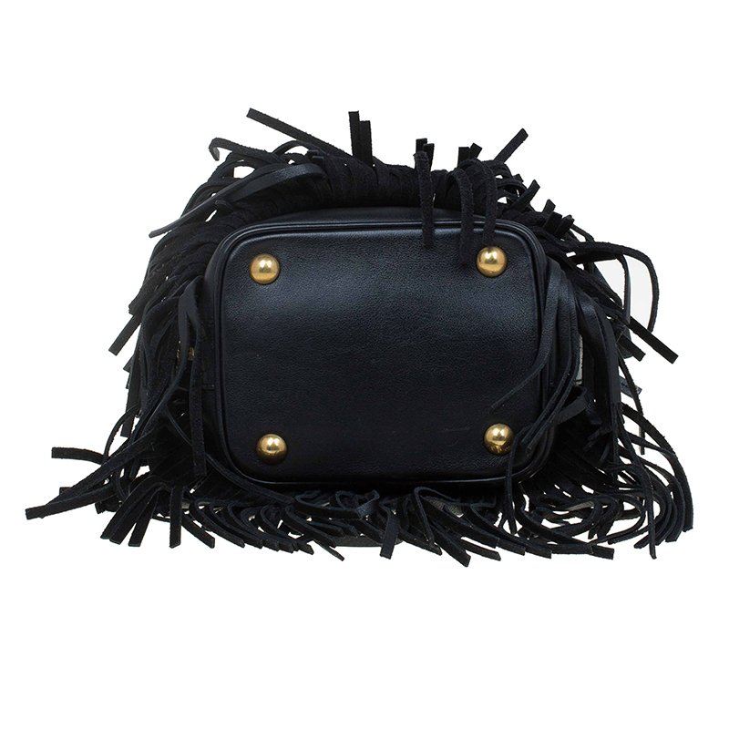 Pre Owned Saint Laurent Paris Black Leather Small Emmanuelle Fringed Bucket Bag