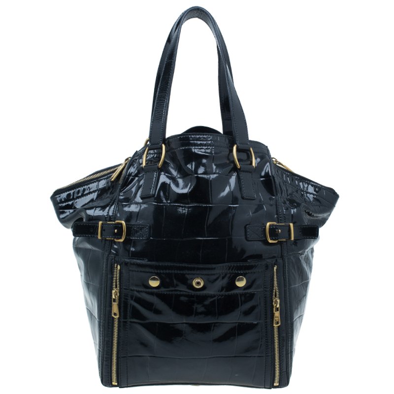 Pre Owned حقيبة سان لوران باريس داون تاون جلد نقشة التمساح أسود لامع وسط