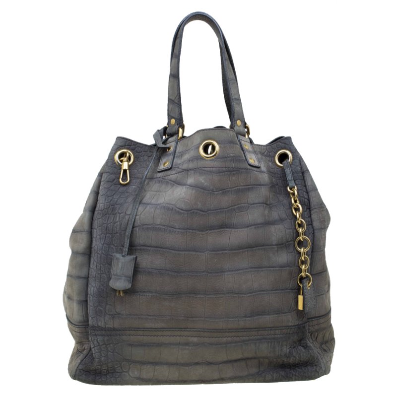 مملوكة مسبقًا Saint Laurent Paris Grey Croc Embossed Leather Large Overseas Tote