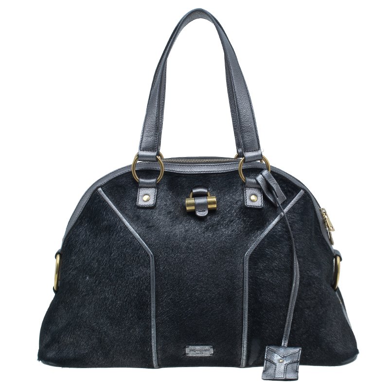 Pre Owned حقيبة سان لوران باريس موس شعر حصان ميتالك رمادي