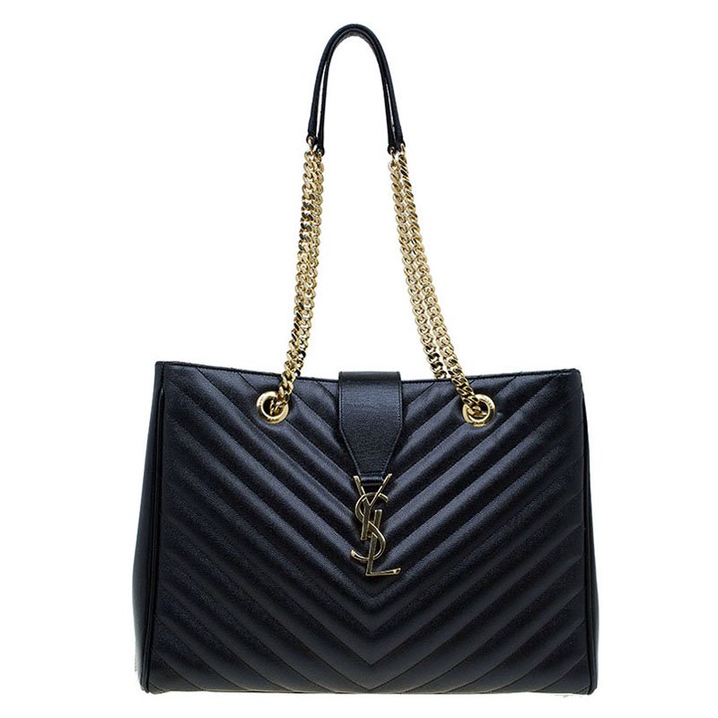 Pre Owned Saint Laurent Paris Black Matelasse Leather Cassandre Shopper Tote