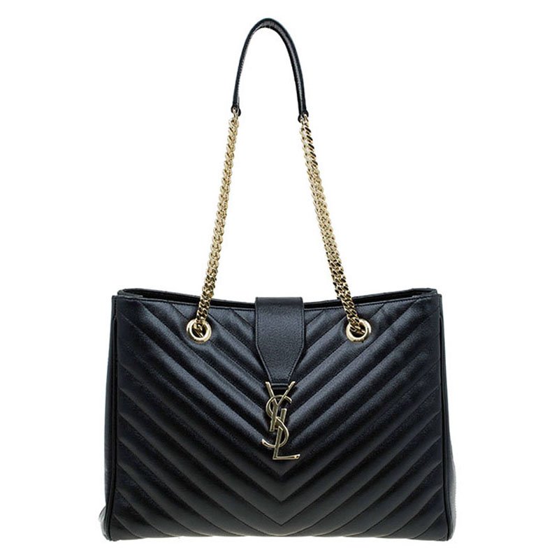 Pre Owned Saint Laurent Paris Black Matelasse Leather Cassandre Shopper Tote