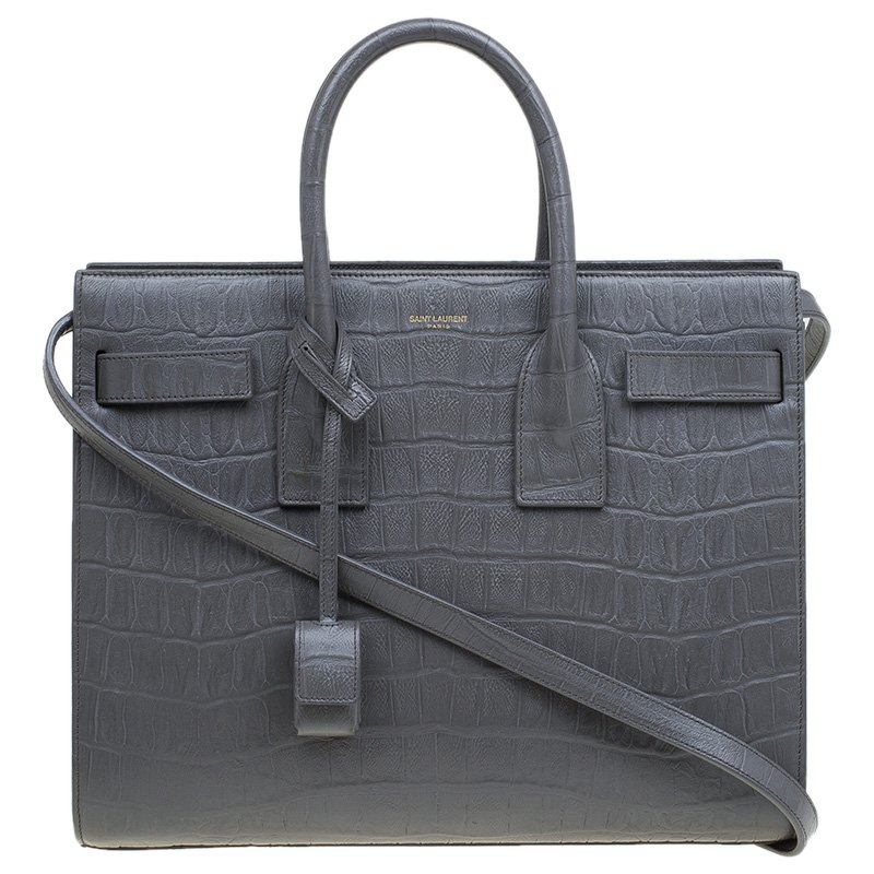 مملوكة مسبقًا Saint Laurent Paris Grey Croc Embossed Leather Small Classic Sac De Jour Tote