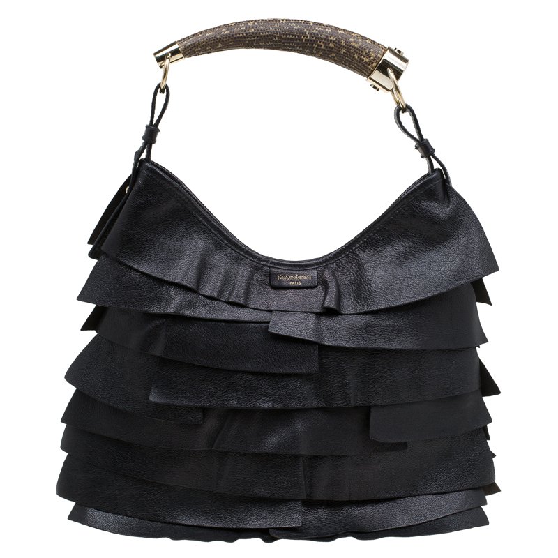 Saint Laurent Paris Black Leather St.Tropez Horn Hobo