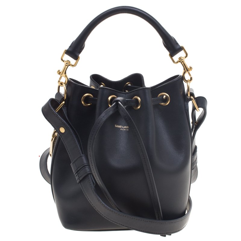 Saint Lau Paris Black Leather Small Emmanuelle Drawstring Bucket Bag