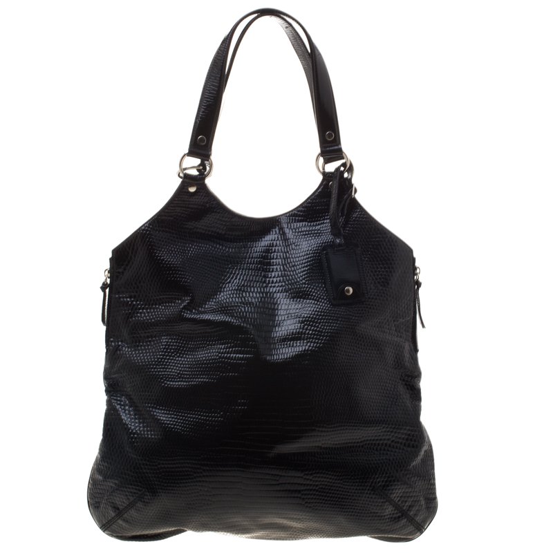 حقيبة يد سان لوران باريس تريبيوت كبيرة جلد لامعة نقش سحلية سوداء