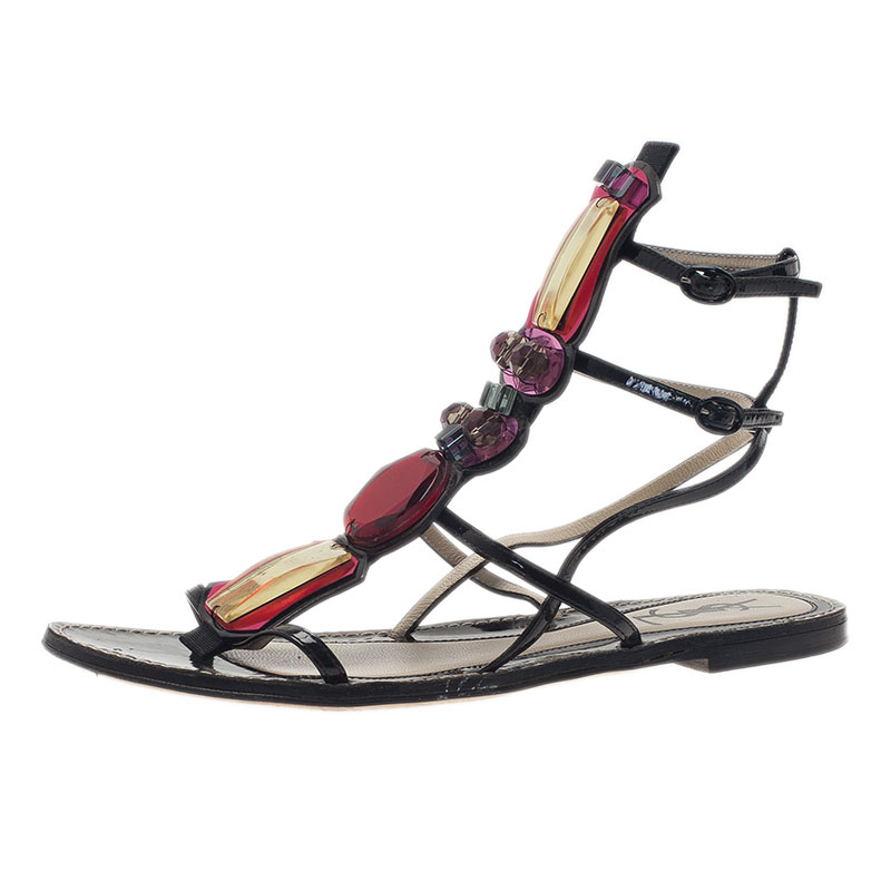 مملوكة مسبقًا Saint Laurent Paris Multicolor Embellished Flat Sandals Size 38