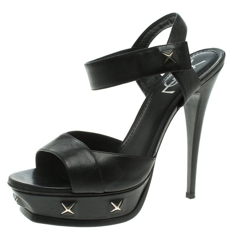 Saint Laurent Paris Black Studded Leather Platform Sandals Size 40