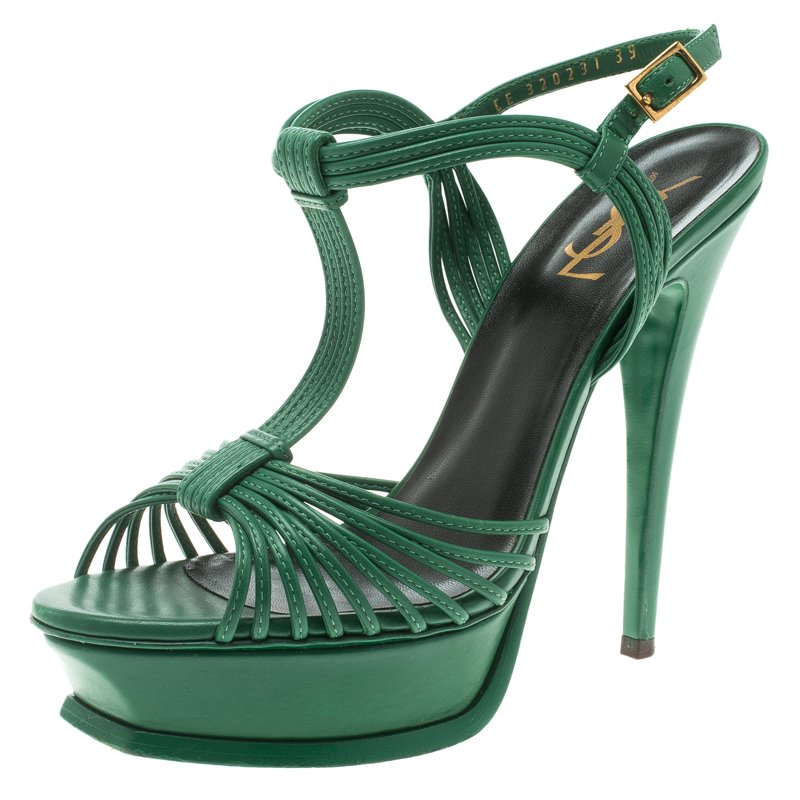Pre Owned Saint Laurent Paris Green Cord Leather T-Strap Platform Sandals Size 39.5