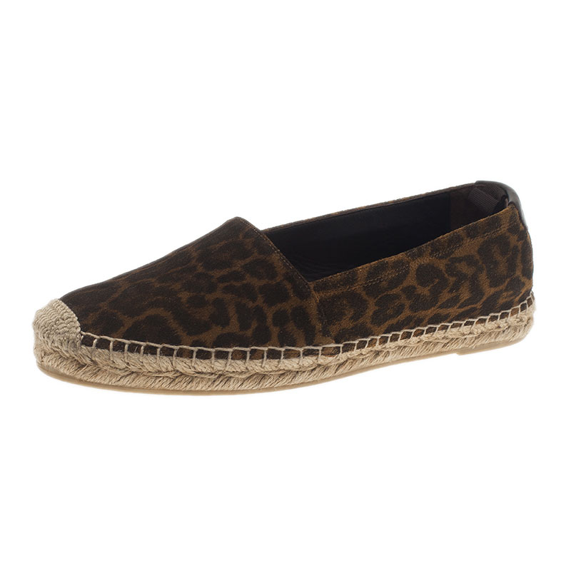 مملوكة مسبقًا Saint Laurent Paris Leopard Print Brushed Suede Espadrilles Size 37
