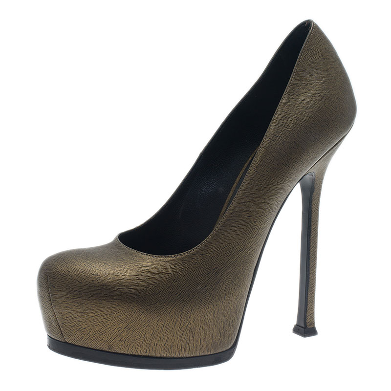 مملوكة مسبقًا صندل سان لوران باريس تريبتو شعرحصان بني منقوش مقاس 37