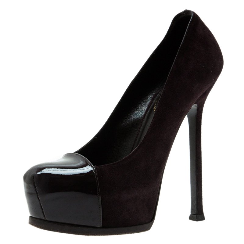 Pre Owned Saint Laurent Paris Deep Purple Suede And Patent Leather Cap Toe Tribtoo Platform Pumps Size 36.5