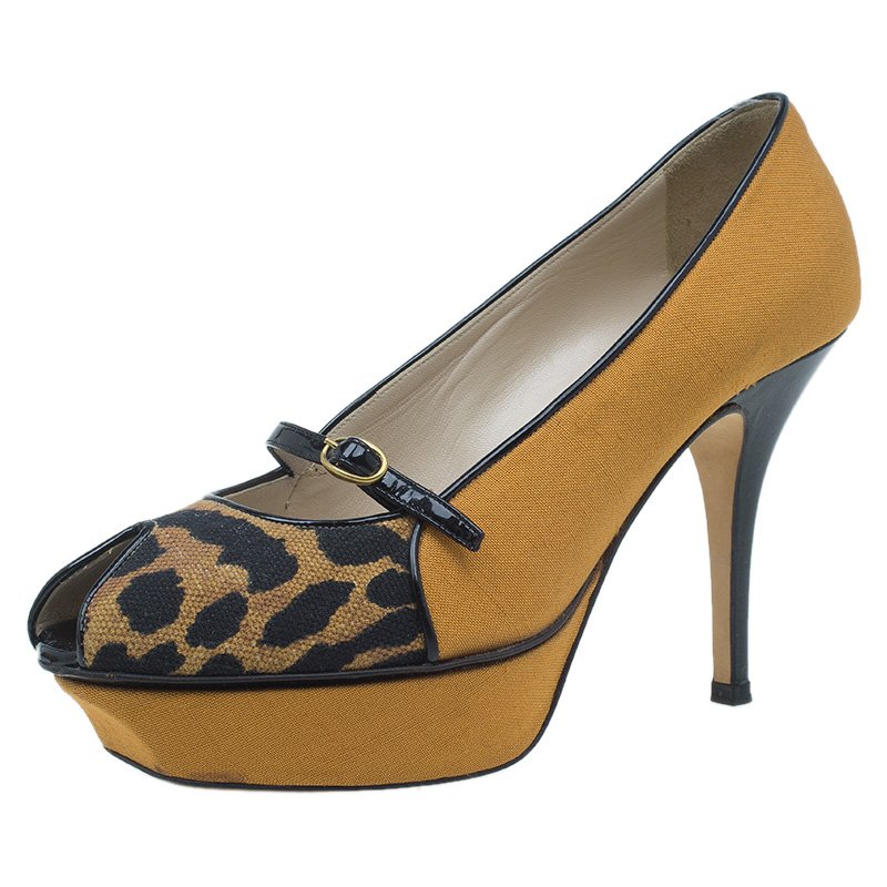 Pre Owned Saint Laurent Paris Brown Leopard Canvas Mary Jane Tribute Platform Pumps Size 36.5