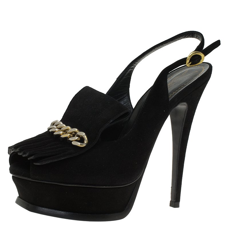 Pre Owned صندل سان لوران باريس تريبيوت سويدي أسود بشراشيب وسلسلة مزينة نعل سميك مقاس 36