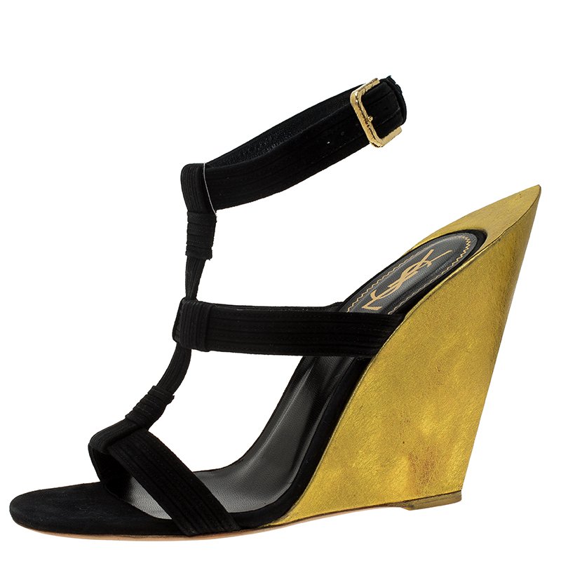 Pre Owned Saint Laurent Paris Black Suede Totem Wedge Sandals Size 39.5