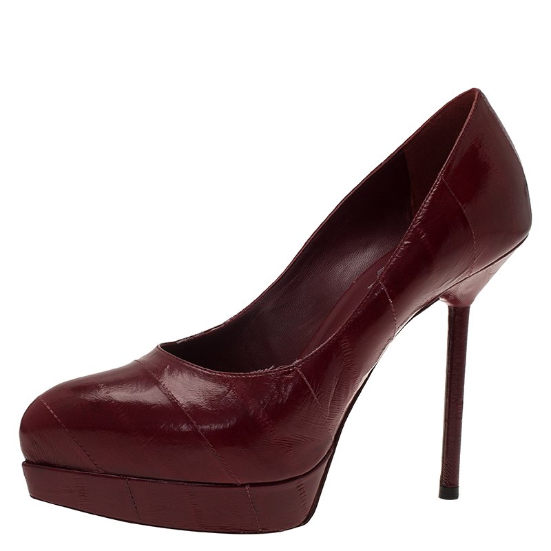 مملوكة مسبقًا حذاء كعب عالي سان لوران باريس  ديفاين نعل سميك مدبب جلد عنابي مقاس 35.5