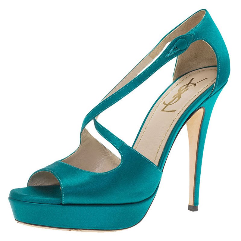 Pre Owned Saint Laurent Paris Turquoise Satin Tribute Cross Strap Platform Sandals Size 38.5