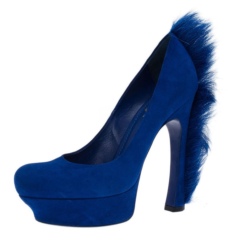 Pre Owned حذاء كعب عالى سان لوران باريس موهوك باليه نعل سميك سويدي أزرق مقاس 39