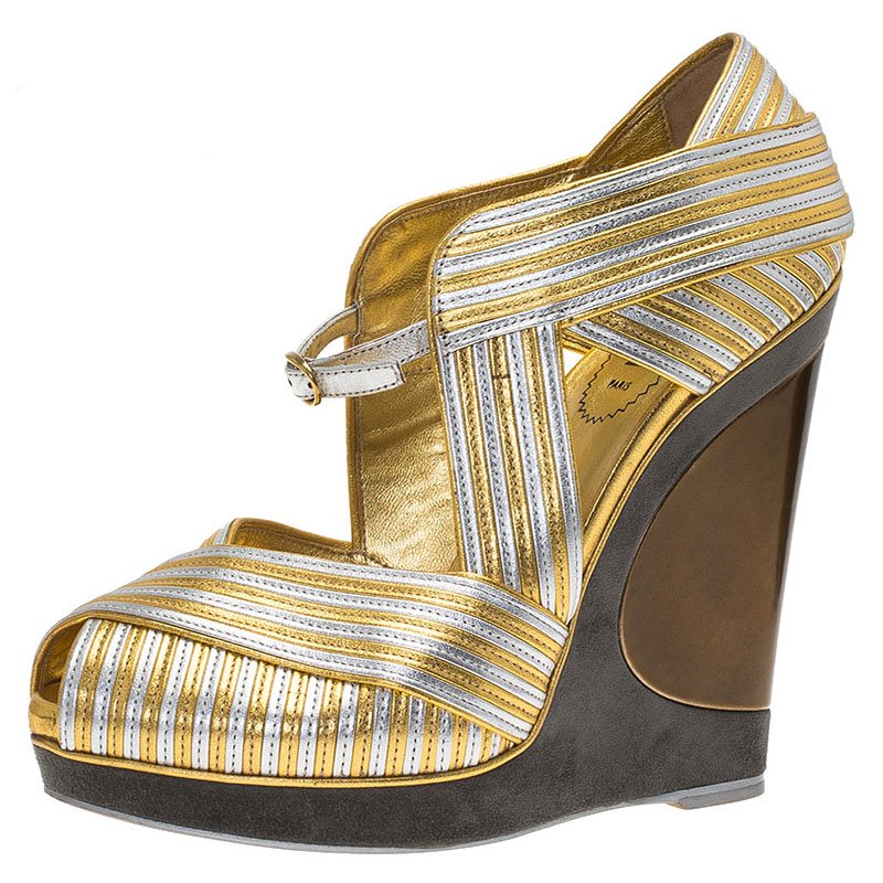 Pre Owned Saint Laurent Paris Gold and Silver Leather Strappy Platform Wedge Sandals Size 38