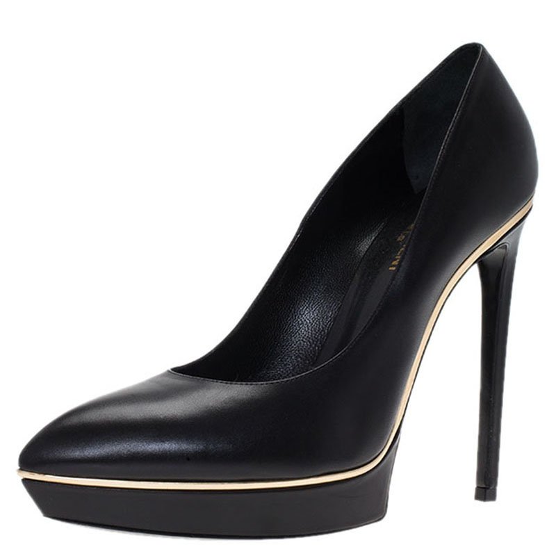 Pre Owned حذاء كعب عالي سان لوران باريس كعب سميك غينس جلد أسود مقاس 41