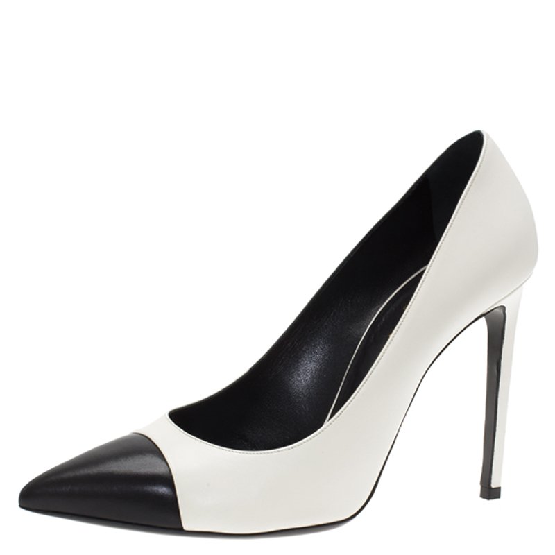 Pre Owned حذاء كعب عالي سان لوران باريس مقدمة مدببة جلد ثنائي اللون مقاس 41