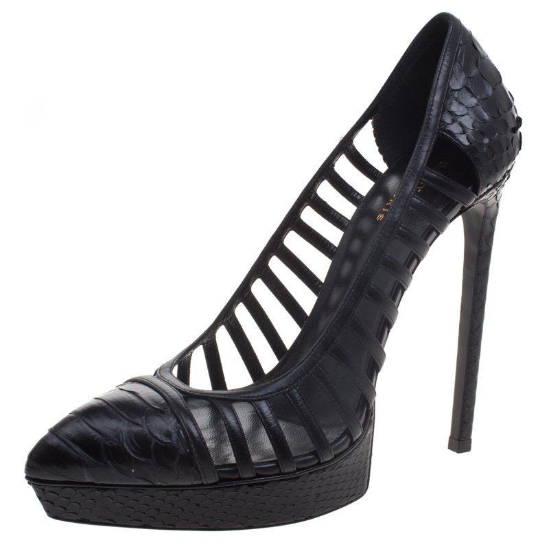Pre Owned Saint Laurent Paris Black Python Janis Cutout Platform Pumps Size 39
