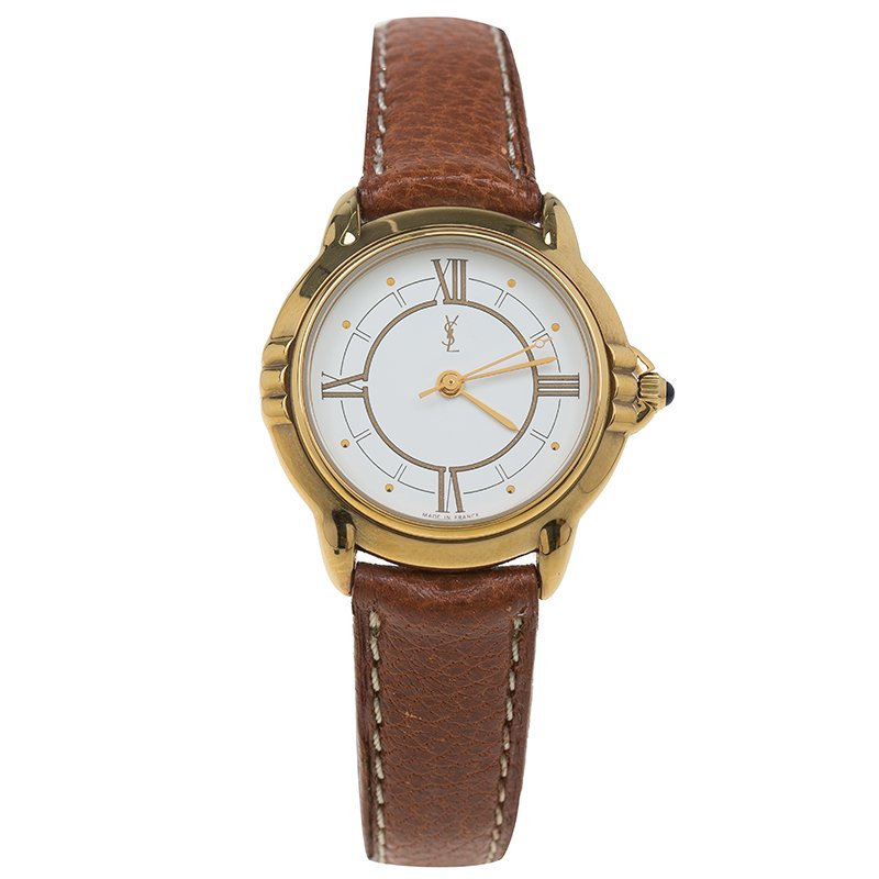 Pre Owned ساعة يد نسائية سان لوران باريس كلاسيك ستانلس ستيل مطلي ذهب بيضاء 27 مم