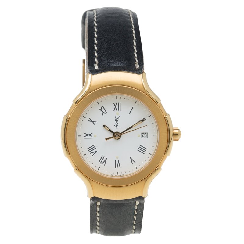 ساعة يد نسائية سان لوران باريس كلاسيك ستانلس ستيل مطلي ذهب بيضاء 28 مم