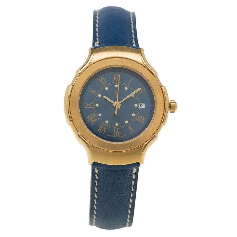 Pre Owned Saint Laurent Paris Blue Gold-Plated Stainless Steel Classic Women's Wristwatch 28MM