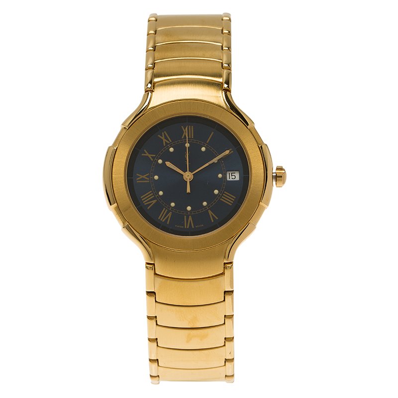 Pre Owned ساعة يد للجنسين سان لوران باريس كلاسيك ستانلس ستيل مطلي ذهب زرقاء 36 مم