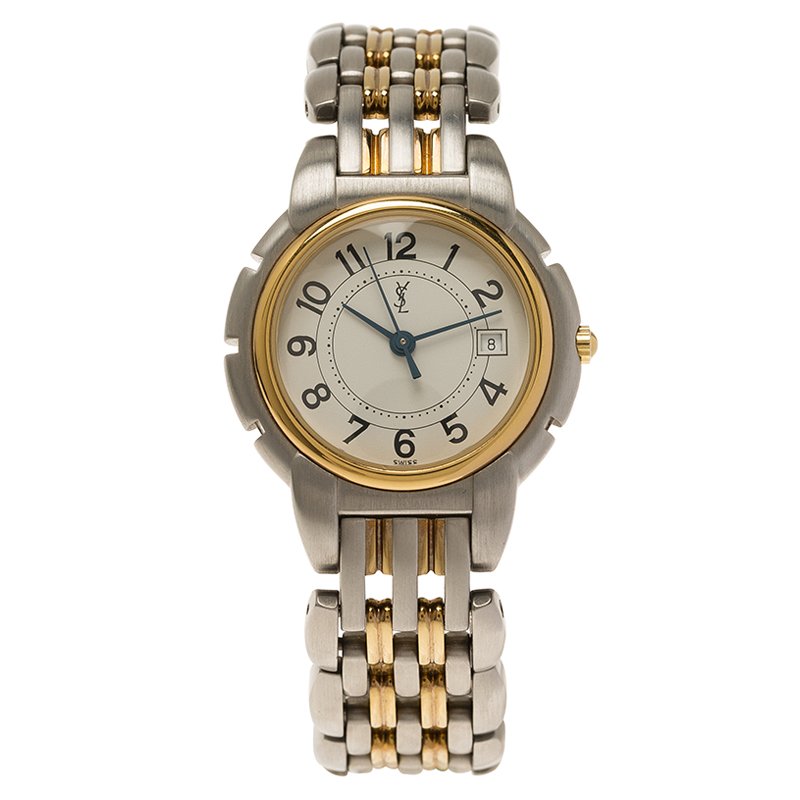 Pre Owned ساعة يد نسائية سان لوران باريس كلاسيك ستانلس ستيل مطلي ذهب بيضاء 28 مم