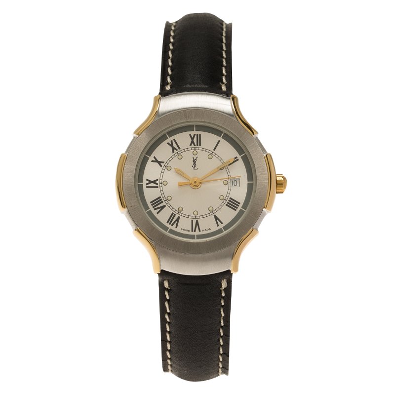 ساعة يد نسائية سان لوران باريس كلاسيك ستانلس ستيل مطلي ذهب فضية 28 مم