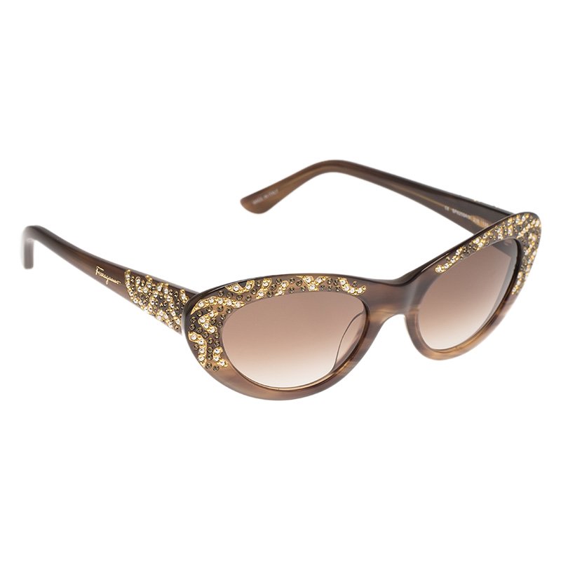 Pre Owned Salvatore Ferragamo Brown Crystal Embellished Cat Eye Sunglasses