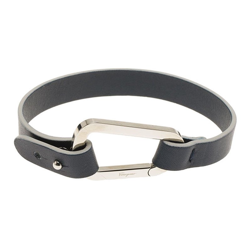 Pre Owned Salvatore Ferragamo Navy Blue Leather Silver Tone Bracelet