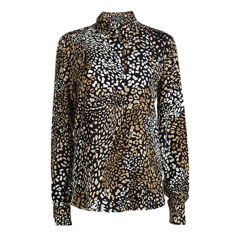 Pre Owned Salvatore Ferragamo Black Printed Silk Long Sleeve Shirt M