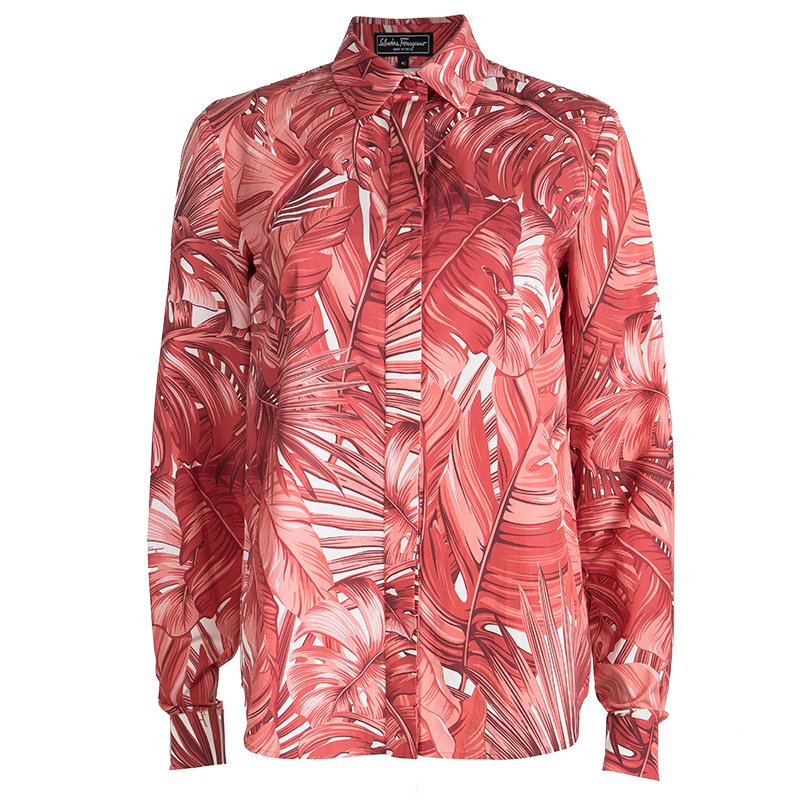 Salvatore Ferragamo Red Leaf Printed Cotton Long Sleeve Shirt S