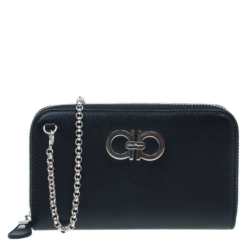 SALVATORE FERRAGAMO DOUBLE GANCIO BLACK WALLET ON CHAIN, Luxury