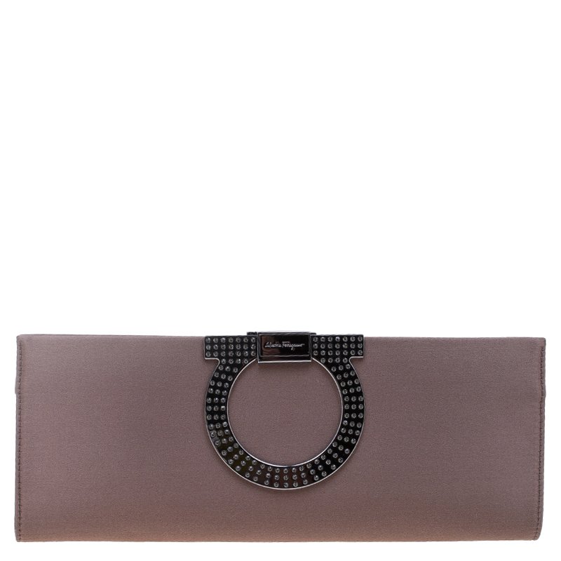 Pre Owned Salvatore Ferragamo Taupe Satin Musa Evening Clutch