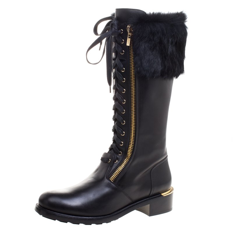 Salvatore Ferragamo Black Leather And Fur Trim Lapo Tall Combat Boots Size 40