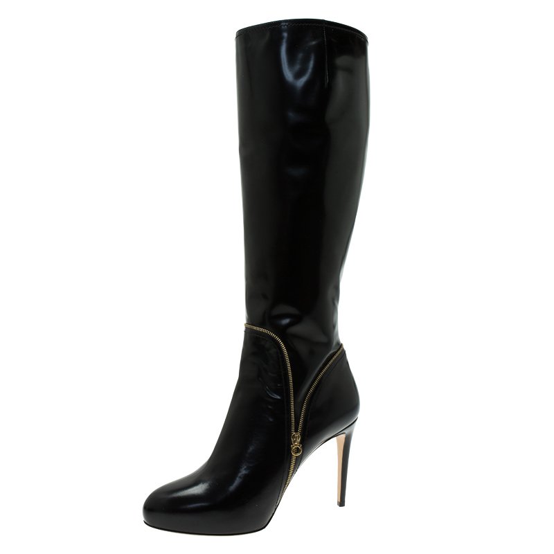 Pre Owned Salvatore Ferragamo Black Patent Zip Detail Tall Boots Size 40