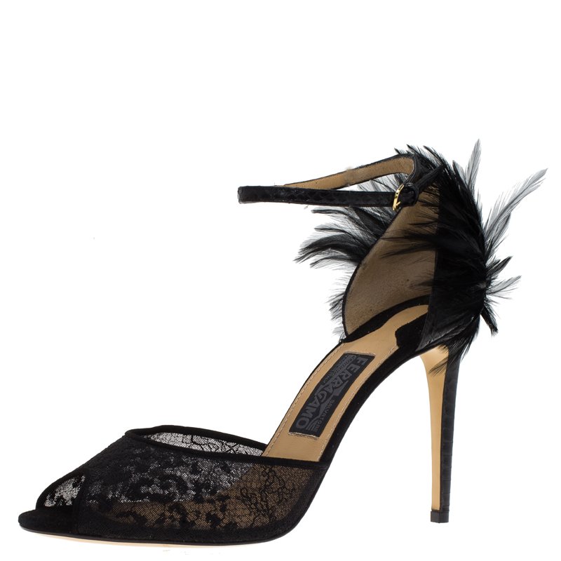 Salvatore Ferragamo Black Lace and Feather Narleen Ankle Strap Sandals Size 40.5
