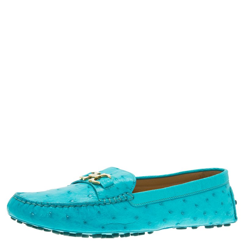 Pre Owned Salvatore Ferragamo Turquoise Ostrich Leather Saba Loafers Size 41.5